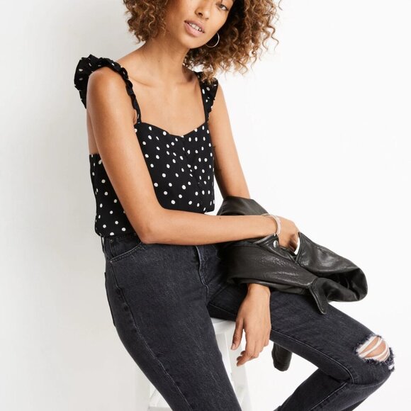 Madewell Ruffle-Strap Cami Top Black White Polka Dot Size Small NWOT - Picture 3 of 11